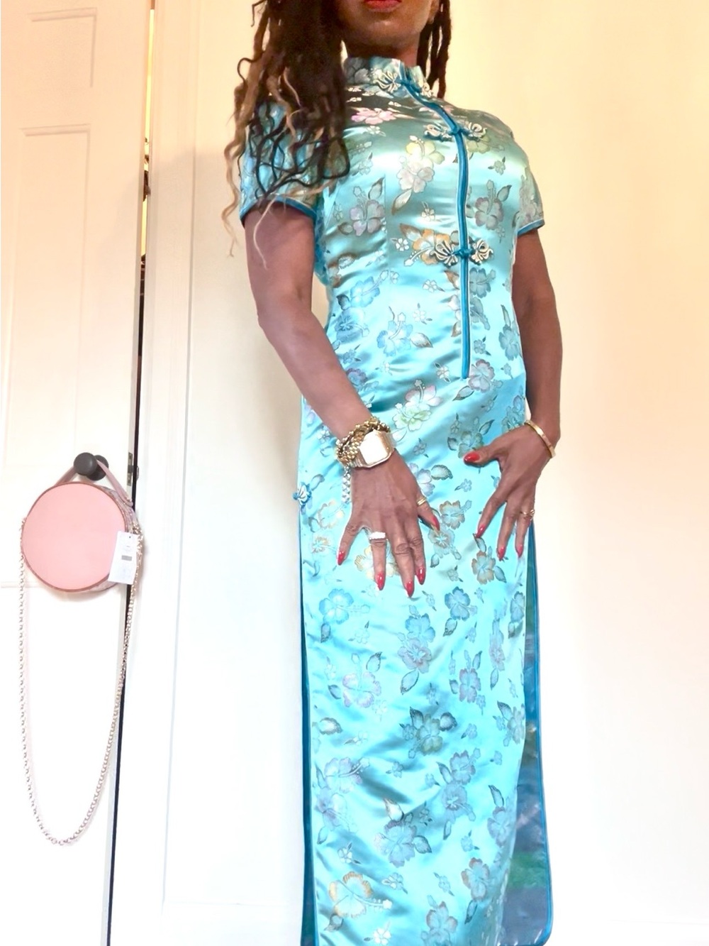 Aqua Floral Satin Maxi Dress with Mandarin Collar by